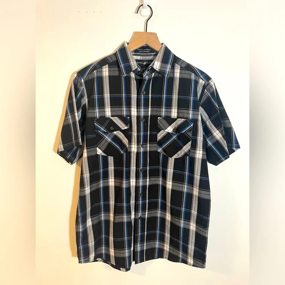 Beverly Hills Polo CLUB Men’s Size S Casual Short Sleeve Black Gray Plaid Shirt